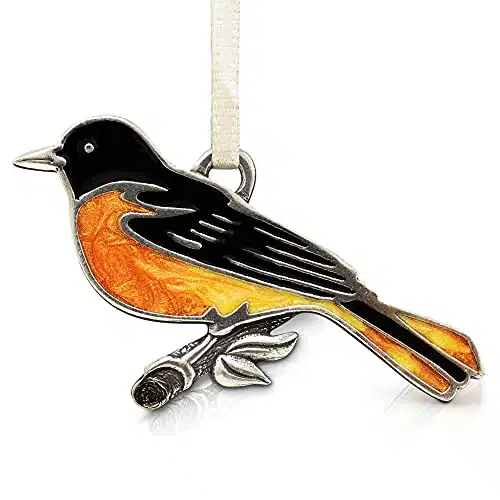 Danforth Baltimore Oriole Christmas Ornament  Handcrafted Pewter Bird Ornaments for Christmas Tree   Tall by  Wide, Satin Ribbon, Made in USA