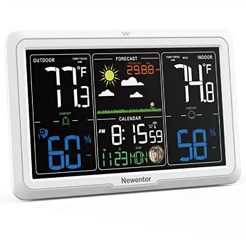 Newentor Weather Station Wireless Indoor Outdoor, in Display Atomic Clock, Inside Outside Thermometer and Hygrometer with Weather Alert, Barometer and Weather Forecast, Time and Calendar, White