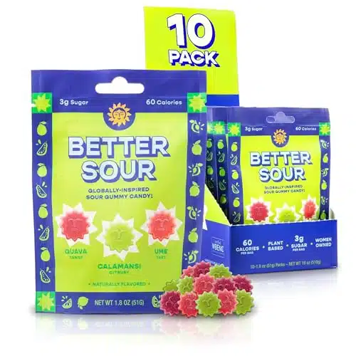 Better Sour Gummies   Guava, Calamansi, Ume   Naturally Flavored, Plant Based, Low Sugar, Healthy Sour Gummy Candy  g sugarcal per oz Bag, Healthy Treats for Kids & Adults (Pack of )