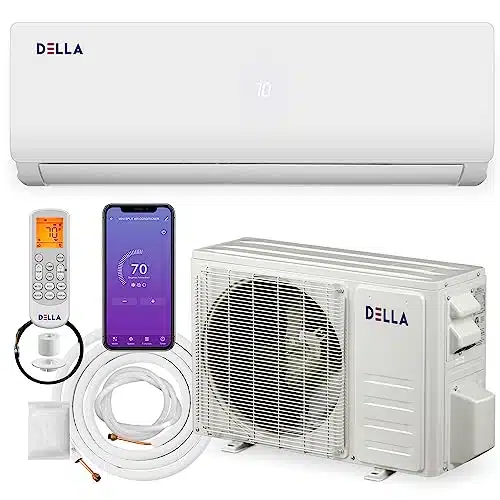 DELLA BTU Wifi Enabled SEERCools Up to Sq.Ft Energy Efficient Mini Split Air Conditioner & Heater Ductless Inverter System, with Ton Heat Pump Pre Charged and ft Installation 
