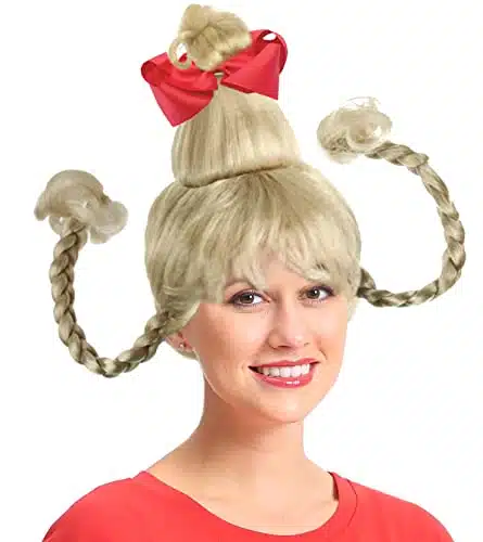Blonde Character Costume Wig With Wire Braids Costume Wig with Red Bow