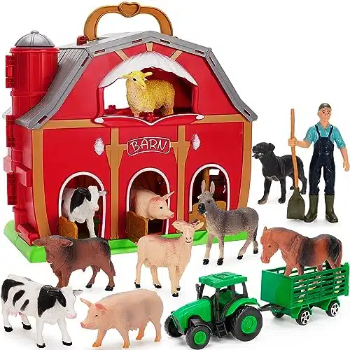 Farm Animals Toys for Year Old Toddlers Girls Boys, Big Red Barn Farm with Figures Animals and Tractor Toys for Kids, Farm Playset Educational Learning Toys, Ideal Christmas B