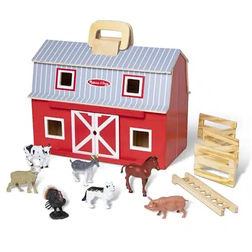 Melissa & Doug Fold and Go Wooden Barn With Animal Play Figures   Farm Animals Portable Toys For Kids And Toddlers Ages +