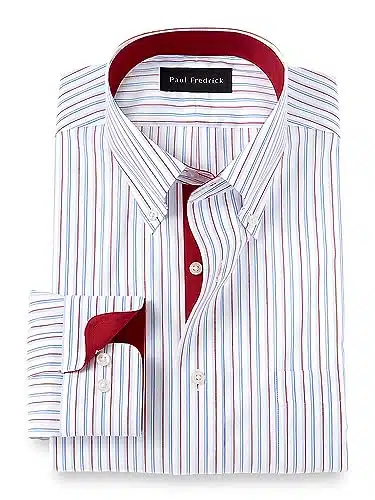 Paul Fredrick Men's Classic Fit Non Iron Cotton Stripe Dress Shirt Bluered DMTB