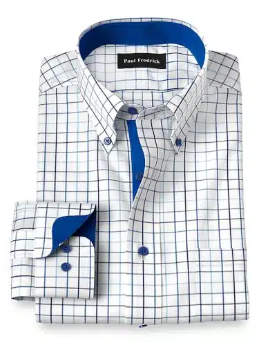 Paul Fredrick Men's Classic Fit Non Iron Cotton Tattersall Dress Shirt Blue DHTB