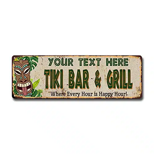Personalized TIKI BAR & GRILL Sign Hut Decor Signs Bars Grill Decorations Hawaiian Accessories Patio Beach Surfboard Wall Art Plaque Vintage Tin Gift x atte Finish Metal