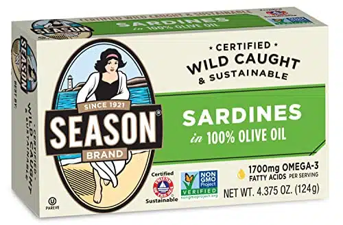 Season Sardines in Olive Oil  Wild Caught, g of Protein, Keto Snacks, More Omega 's Than Tuna, Kosher, High in Calcium, Canned Sardines  Oz Tins, Pack