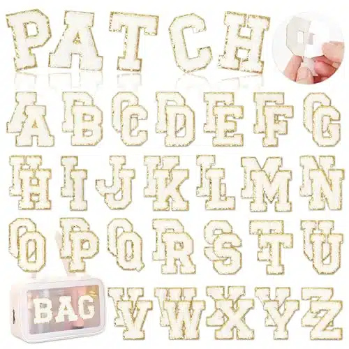 White Chenille Letters Self Adhesive Patches KINGSOPCS Self Adhesive Varsity Iron on Letter Patches Stick on Embroidered Patch for Clothing